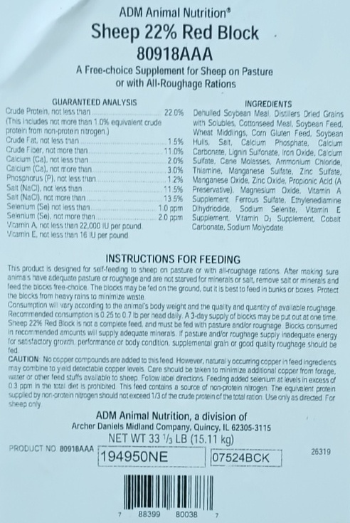 ADM SHEEP RED BLOCK 22% (33.3LB)