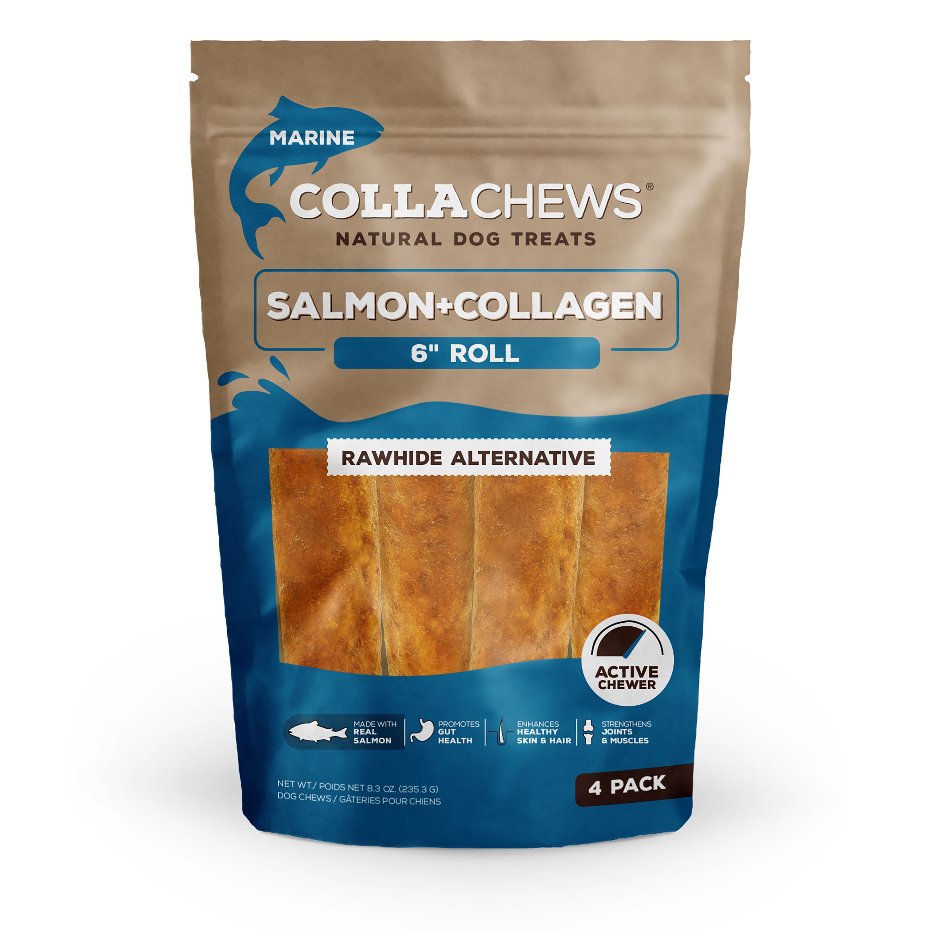 COLLACHEWS 6" SALMON+COLLAGEN ROLL (4CT)