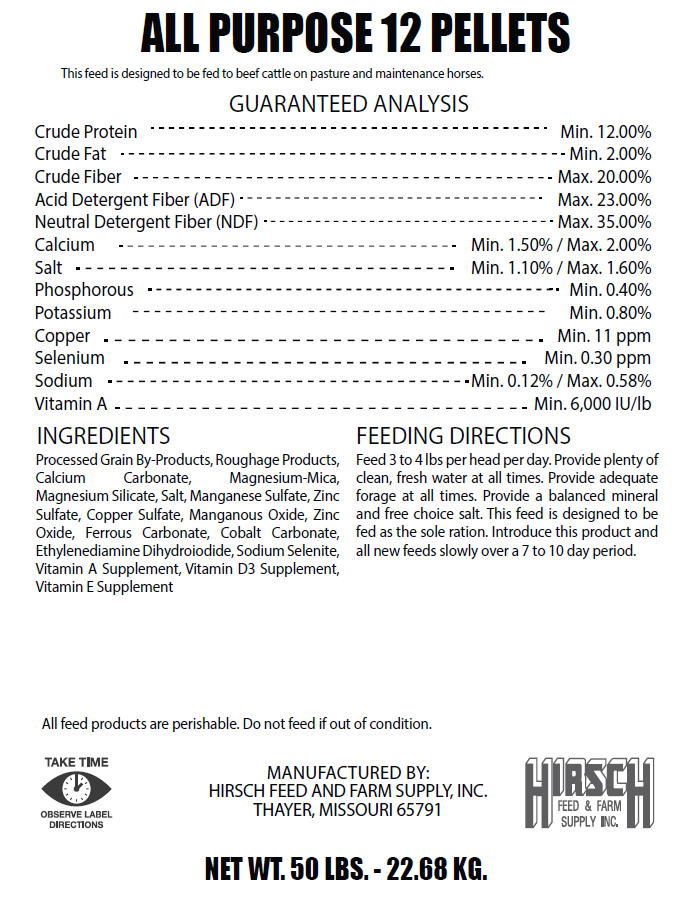 HIRSCH ALL PURPOSE PELLETS 12% (50LB)