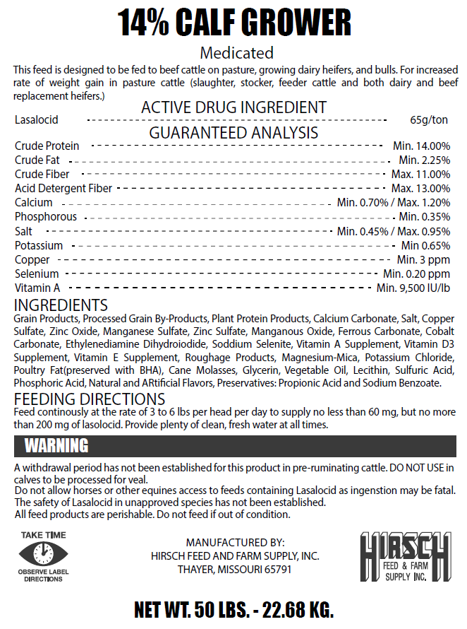 HIRSCH CALF GROWER W/ BOVATEC 14% (50LB)