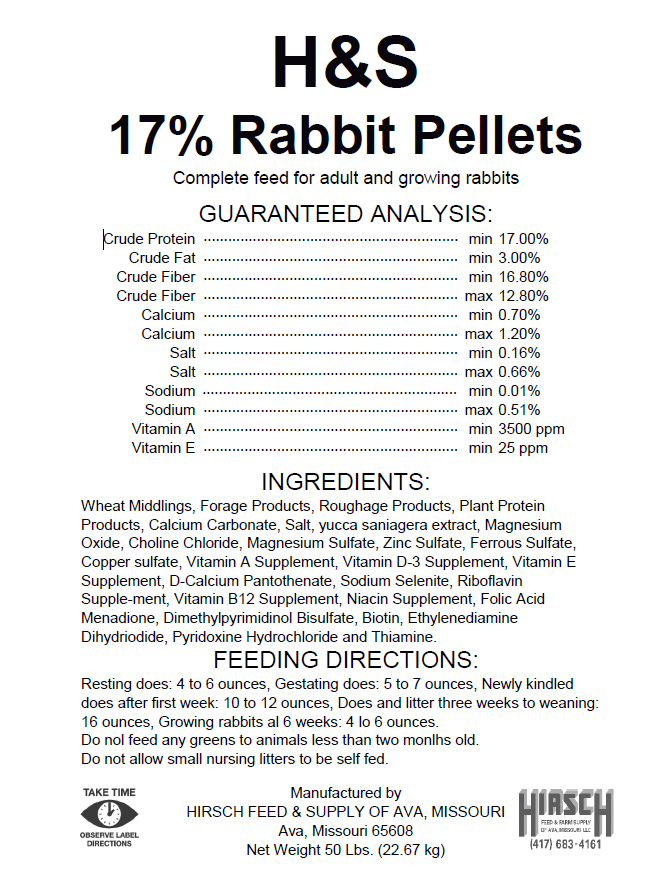 H&S RABBIT FEED 17% (50LB)